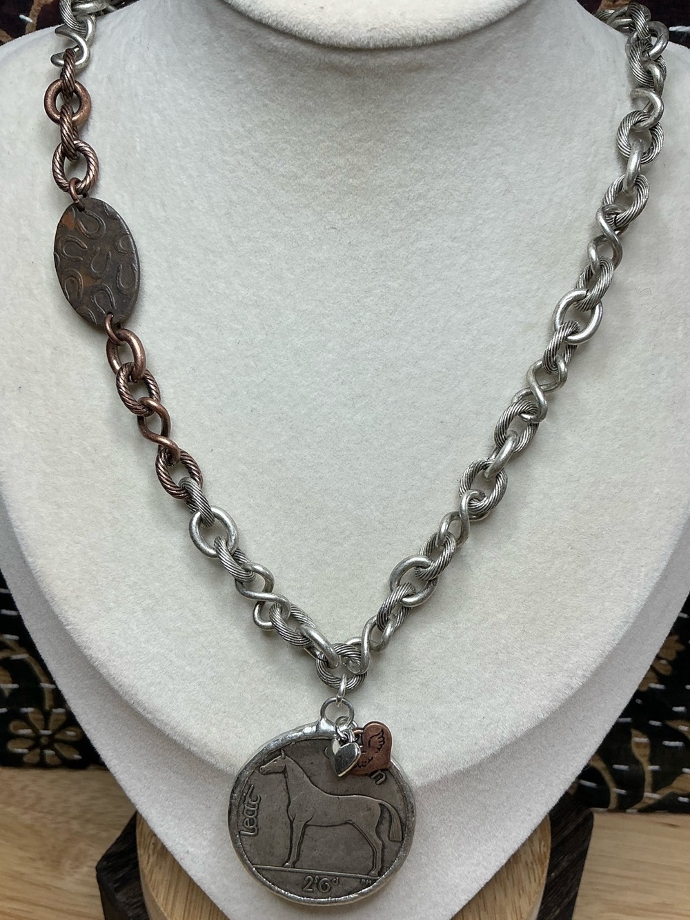 Antique Silver Necklace 17” with Horse Coin and Copper Horseshoe Connector